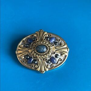 Michal Golan Vintage Blue and Gold Filigree Brooch with Sapphire Accents